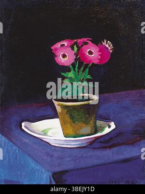 Still life painting by Dezso Czigány showing a floral composition, executed in oil on canvas, measuring 50.5 × 40.5 cm, signed lower right, held in a private collection. Stock Photo