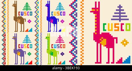 Colorful peruvian background with llama and Cusco in embroidery style Stock Vector