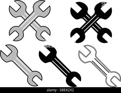 Crossed and Single Wrench Icons in Various Styles Black, Gray, and Outline Designs Stock Vector