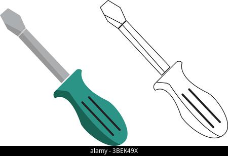 Screwdriver Tool Design Concept Full Color vs Line Art Representation of a Vector Stock Vector