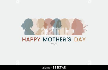 Silhouettes of diverse women stand in a colorful row, stylized for a Happy Mother's Day greeting, creating an elegant and thoughtful atmosphere suitab Stock Vector