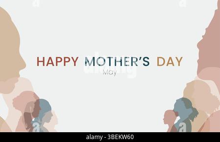 Happy Mother's Day text with soft pastel colored female profile silhouette shapes against a clean light background evokes a gentle, celebratory mood a Stock Vector