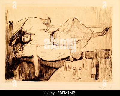 'The Day After' (1894) by Edvard Munch portrays a solitary figure walking on a path, reflecting on the aftermath of emotional turmoil. The painting conveys feelings of loneliness, sadness, and reflection, with Munch’s signature use of color and brushstrokes. Stock Photo