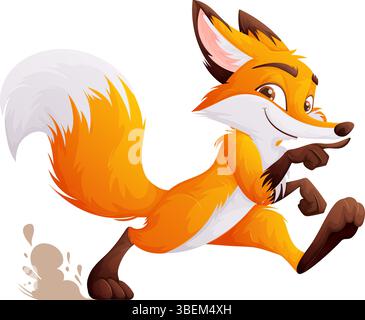 This is a cartoon illustration of a running fox, the fox looks cheerful. The fox is running fast with a determined look. He is isolated on a white bac Stock Vector