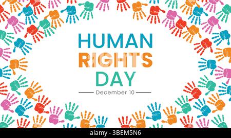Colorful handprints form a border around the text 'Human Rights Day December 10' on a white background, creating a cheerful and inclusive atmosphere p Stock Vector