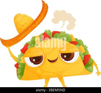 This cartoon features a cute, slightly dazed taco character sporting a sombrero. The taco looks relaxed, and it seems like it is a little bit spicy, r Stock Vector