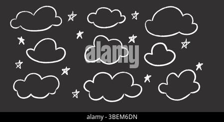 Chalk clouds and stars kid drawing set - white artistic hand drawn style crayon sketched outlines on black background. Stock Vector