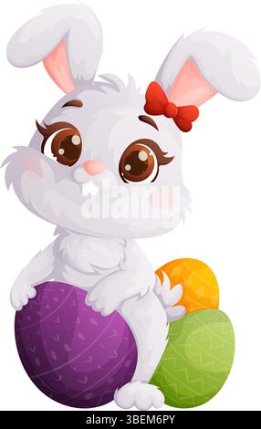 Adorable Easter Bunny cartoon character with a red bow sitting on a pile of colorful, patterned Easter eggs. Vector illustration for holiday designs. Stock Vector