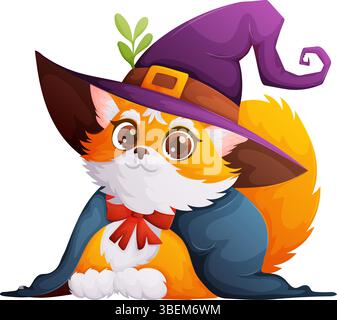 A cartoon illustration featuring an adorable fox dressed in a witchs hat and cloak, perfect for Halloween themed content. Cute cartoon design, fantasy Stock Vector
