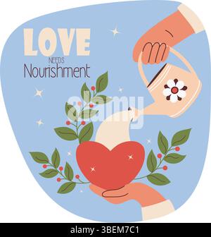 Love. Heart in hand with branches leaves. Water from Garden Watering Can. Concepts of care and kindness. Card for design, card, print and invitations Stock Vector