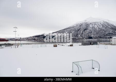 A serene view of a snow-covered soccer field in Narvik, Norway, with a majestic mountain looming in the background under cloudy skies. Stock Photo