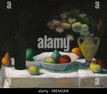 Still life by Dezso Czigány featuring a glass and fruits, painted in oil on canvas, dimensions 57 × 69.5 cm, signed lower right, private collection. Stock Photo