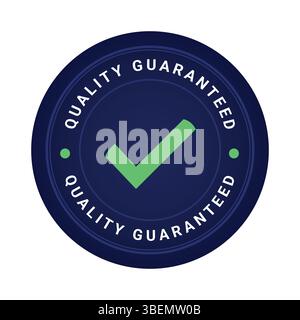 dark blue quality guaranteed badge with green check mark icon used for certified approval and trust Stock Vector
