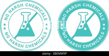 turquoise round no harsh chemicals badges with lab flask icon used for safe and chemical-free products Stock Vector