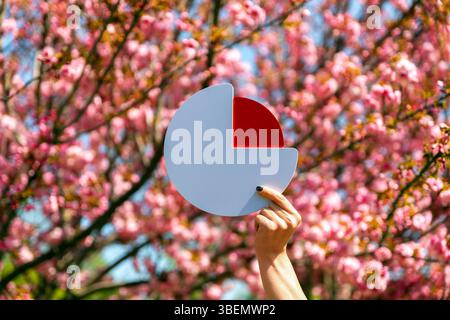 Hand holding red and white pie chart icon against a vibrant backdrop of blooming pink cherry blossoms. Stock Photo