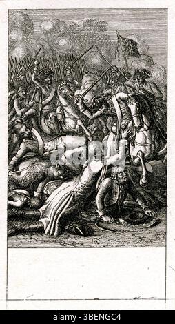 This artwork depicts a dramatic battlefield scene with a horseman ...