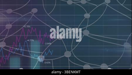 Image of financial graphs over connections on navy background Stock Photo