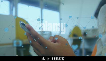 Image of network of connections over person using smartphone Stock Photo
