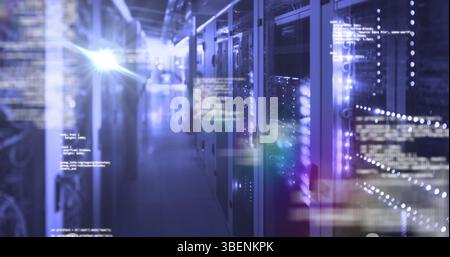 Image of data processing over glowing computer servers in server room Stock Photo