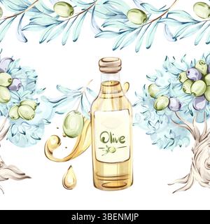 Olive oil and olives watercolor illustration series featuring a seamless pattern arrangement with decorative frames borders and Italian cuisine Stock Vector