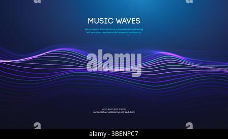 Music waves with glowing frequency lines. Sound abstract background. Digital audio equalizer ai. Frequency vector voice beat effect. Technology Neon Stock Vector