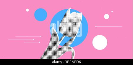 Modern tulip art with halftone effect on pink and blue background Stock Vector