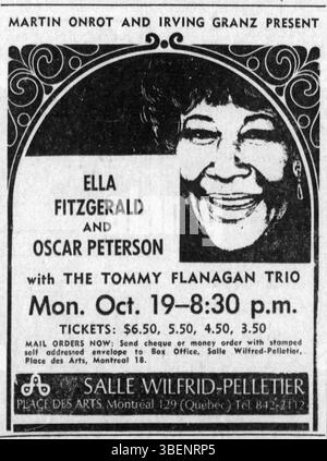 A newspaper ad for Ella Fitzgerald and Oscar Petersen concert in Montreal. Ella Jane Fitzgerald (April 25, 1917 – June 15, 1996) was an American singer, songwriter and composer, sometimes referred to as the "First Lady of Song", "Queen of Jazz", and "Lady Ella". She was noted for her purity of tone, impeccable diction, phrasing, timing, intonation, absolute pitch, and a "horn-like" improvisational ability. Stock Photo