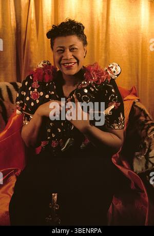 Kodachrome photo of Ella Fitzgerald taken by Carl Van Vechten. Ella Jane Fitzgerald (April 25, 1917 – June 15, 1996) was an American singer, songwriter and composer, sometimes referred to as the "First Lady of Song", "Queen of Jazz", and "Lady Ella". She was noted for her purity of tone, impeccable diction, phrasing, timing, intonation, absolute pitch, and a "horn-like" improvisational ability. Stock Photo