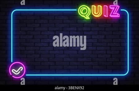 Minimal glowing quiz layout with colorful word and checkmark icon, bright blue frame on dark wall, clean trivia design Stock Vector
