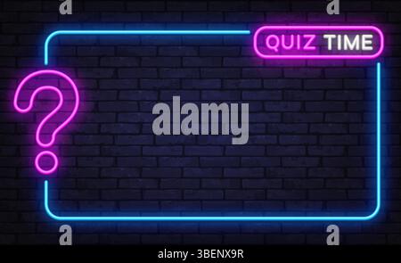 Dark neon template with pink question mark and quiz time tag, glowing blue border, modern trivia screen design Stock Vector