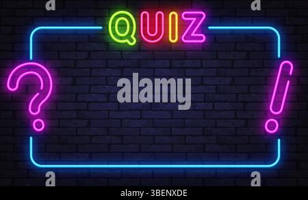 Neon quiz screen with question and exclamation marks on dark wall background Stock Vector