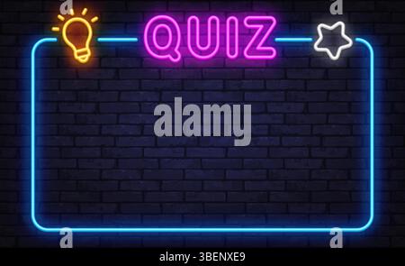 Colorful neon quiz frame with bulb and star icons, glowing pink quiz text on dark background, trivia game layout Stock Vector
