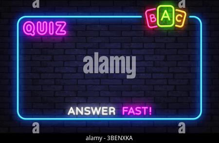 Bright quiz layout with ABC options and glowing answer fast sign on dark brick wall, vivid interactive trivia template Stock Vector