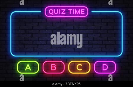 Colorful quiz layout with quiz time title and four glowing answer buttons A B C D Stock Vector