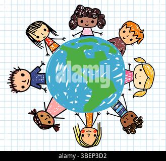 Cute vector kids around a drawing of the Earth, Doodle stick figures - boys and girls with different skin tones for Children's Day or Earth Day Stock Vector