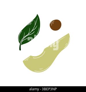 Cute fruit illustration in hand draw style. Avocado on white background. White outline. Design for postcard Stock Vector