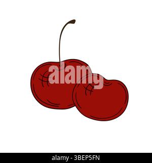 Cute berry illustration in hand draw style. Design for postcards, flyers, banners. Cherry icon on white background. Icon, sign, sticker, pin Stock Vector