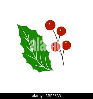 Cute berry illustration in hand draw style. Holly on white background. White outline. Design for postcards Stock Vector