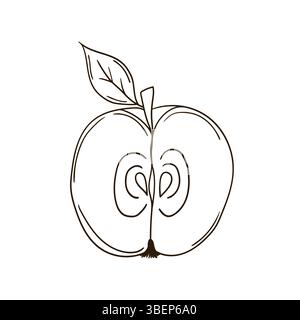 Cute fruit illustration in hand draw style. Apple icon on white background. Monochrome. Design for coloring books, games Stock Vector