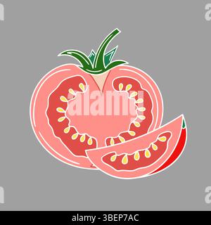 Cute vegetable illustration in hand draw style. Tomato icon on gray background. White outline. Design for postcards, flyers Stock Vector