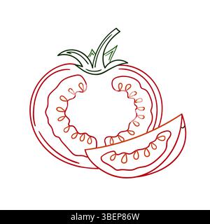 Cute vegetable illustration in hand draw style. Tomato icon on white background. Color outline. Design for postcards, flyers Stock Vector