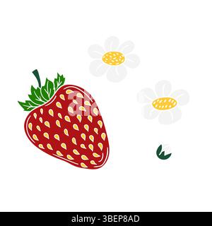Cute berry illustration in hand draw style. Strawberry icon on white background. White outline. Design for postcards Stock Vector