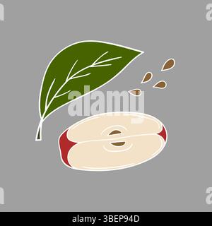 Cute fruit illustration in hand draw style. Red apple icon on gray background. White outline. Design Stock Vector
