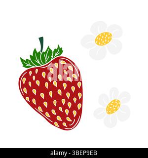 Cute berry illustration in hand draw style. Strawberry icon on white background. White outline. Design Stock Vector