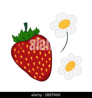 Cute berry illustration in hand draw style. Strawberry icon on white background. Design Stock Vector