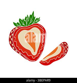 Cute berry illustration in hand draw style. Strawberry icon on white background. White outline. Design for postcards, flyers, banners. Icon Stock Vector