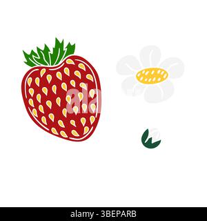 Cute berry illustration in hand draw style. Strawberry icon on white background. White outline. Design for postcards, flyers Stock Vector