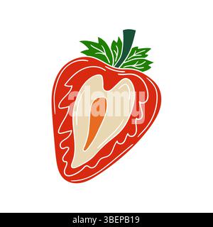 Cute berry illustration in hand draw style. White outline. Strawberry icon on white background. Design for postcards, flyers, banners. Icon, sign Stock Vector