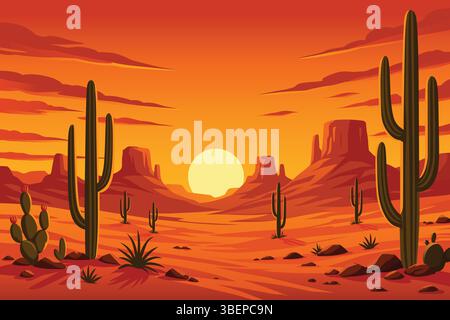 A vector illustration of Desert Western Sunset Background Stock Vector