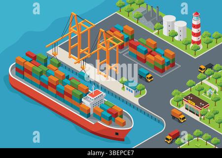 A vector illustration of Isometric Containers Cargo Ship at the Harbor Stock Vector
